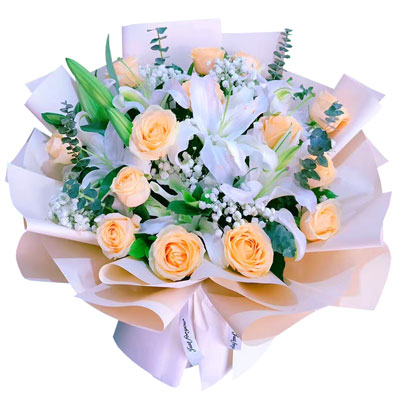 盘锦16朵香槟玫瑰2支百合，爱的温暖和幸福