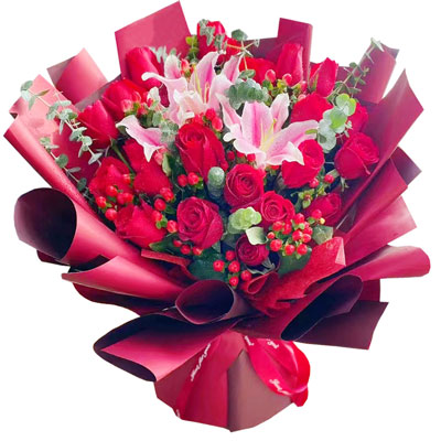 盘锦22朵红玫瑰百合，爱的火焰