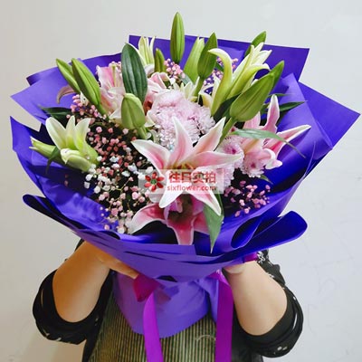 盘锦6支粉色多头百合，真诚的问候
