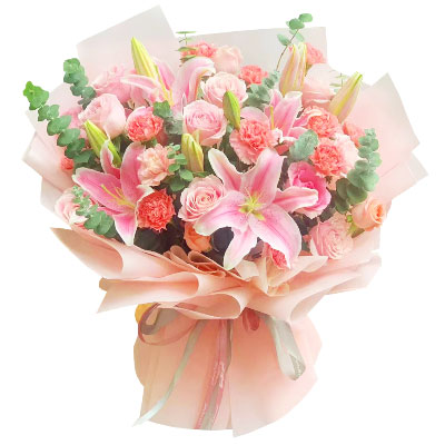 盘锦11朵粉色康乃馨玫瑰百合，充满爱和温馨